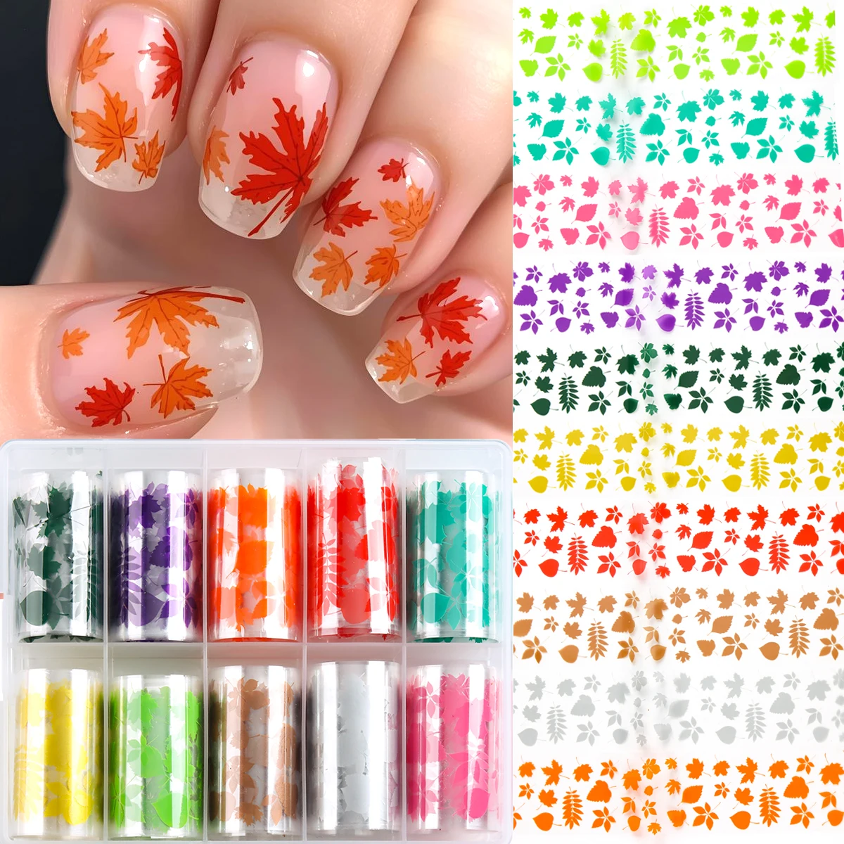 Autumn-Themed colorful Leaf Nail Transfer stickers, 10-Pack, Featuring Yellow and Orange maple leaf Designs, Nail Decorations.