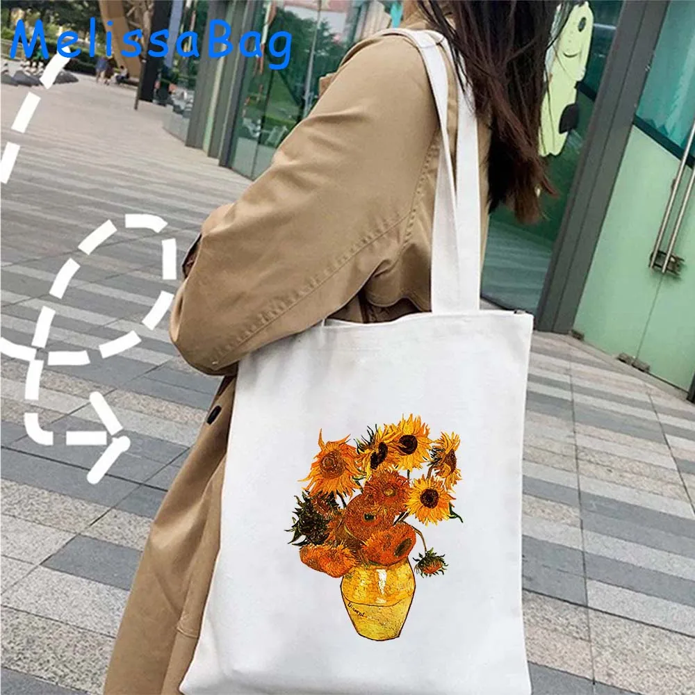 Bolsa de lona para mulheres, pintura de Van Gogh, estética, girassol, compras, bolsa de algodão, noite estrelada, livros, sacola, fofa