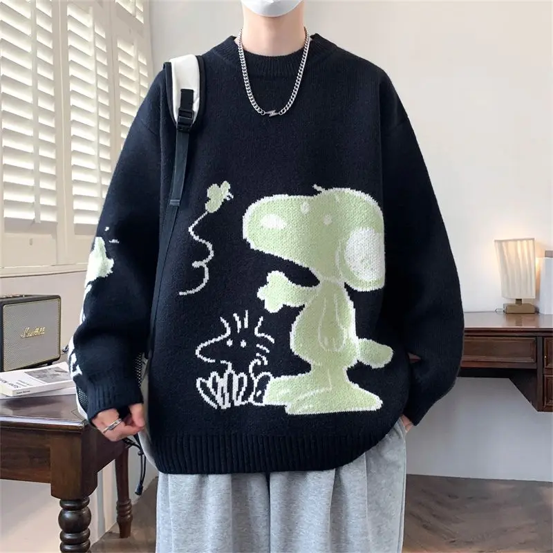 Snoopy Cartoon Jacquard Sweater Men Oversized Crew Neck Pullover Red Knitwear Harajuku Streetwear Loose Warm Winter Couple Tops
