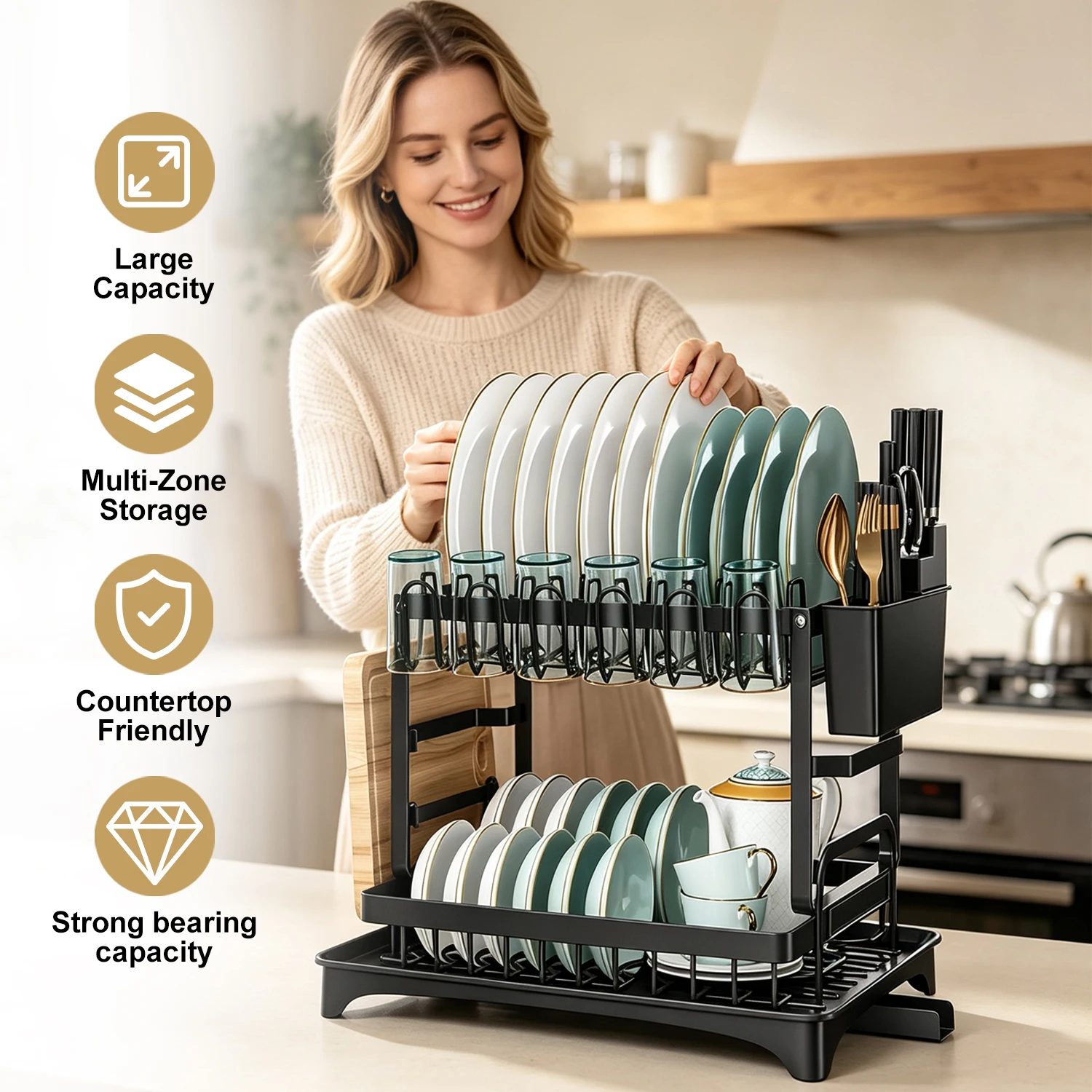 Scolapiatti nero a due livelli con portabicchieri, supporto per tagliere, organizer per utensili, sistema di drenaggio automatico, scolapiatti da cucina in acciaio al carbonio resistente alla ruggine,