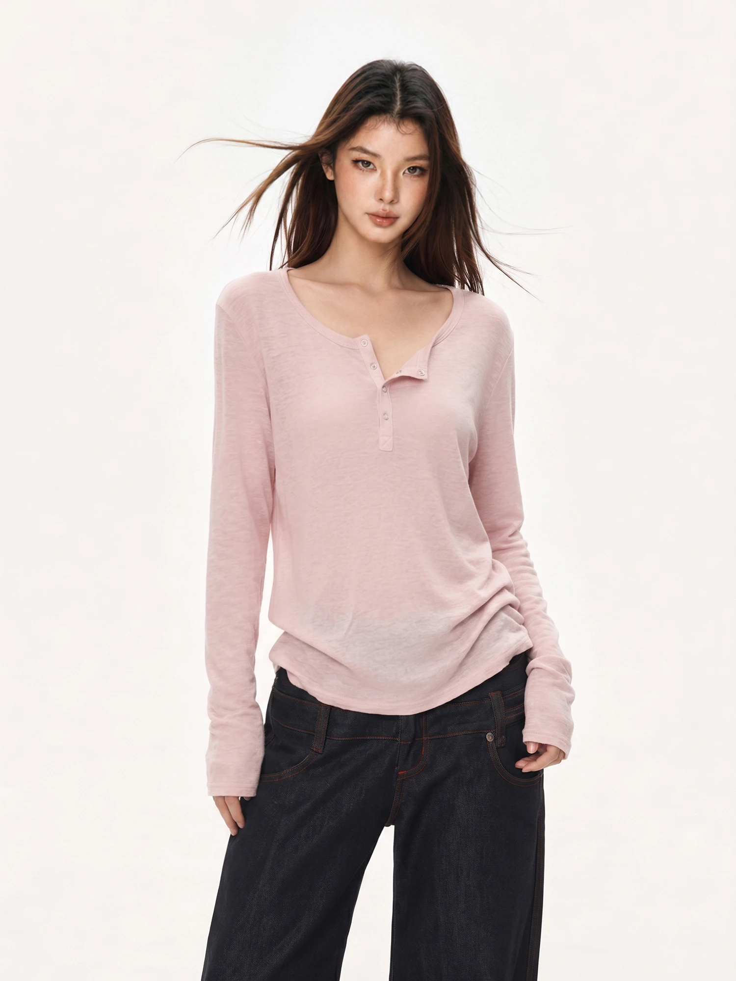 Pink Long Sleeve Henry Collar T-Shirt Women's Summer Thin Shoulder Sun Protection Top 2026 New Style Commute Fashion Ladies' Tee