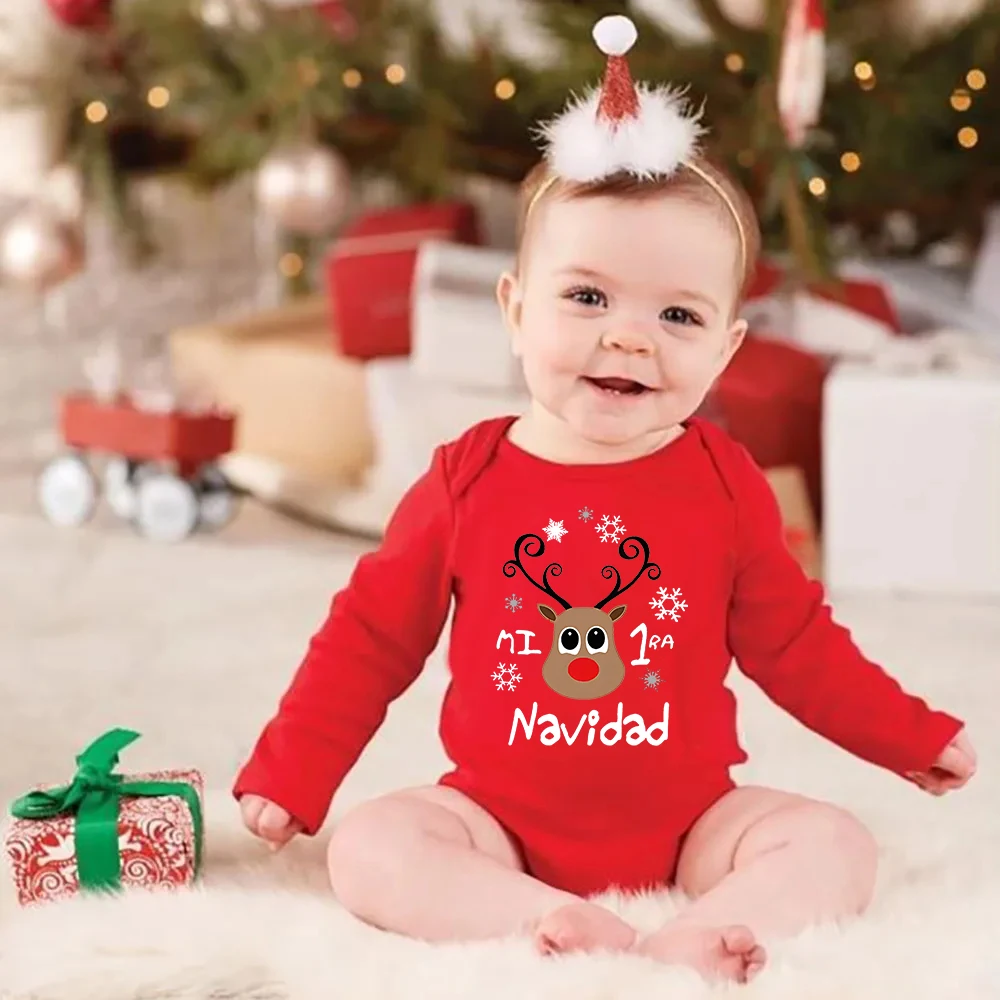 My First Christmas Deer Spanish Printed Baby Bodysuit Infant Christmas Cotton Outfit Newborn Jumpsuit Toddler Xmas Romper Gift