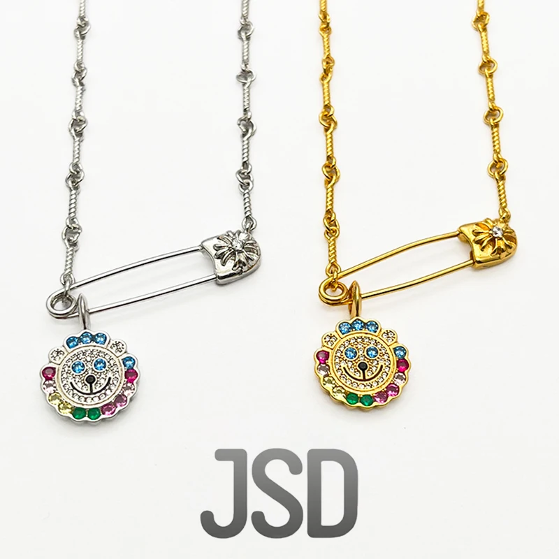 Retro Cross Flower Safety Pin Smile Face Necklace Iced Out Colorful Diamond Bling Charm Punk Hip Hop Jewelry for Women Men Gift
