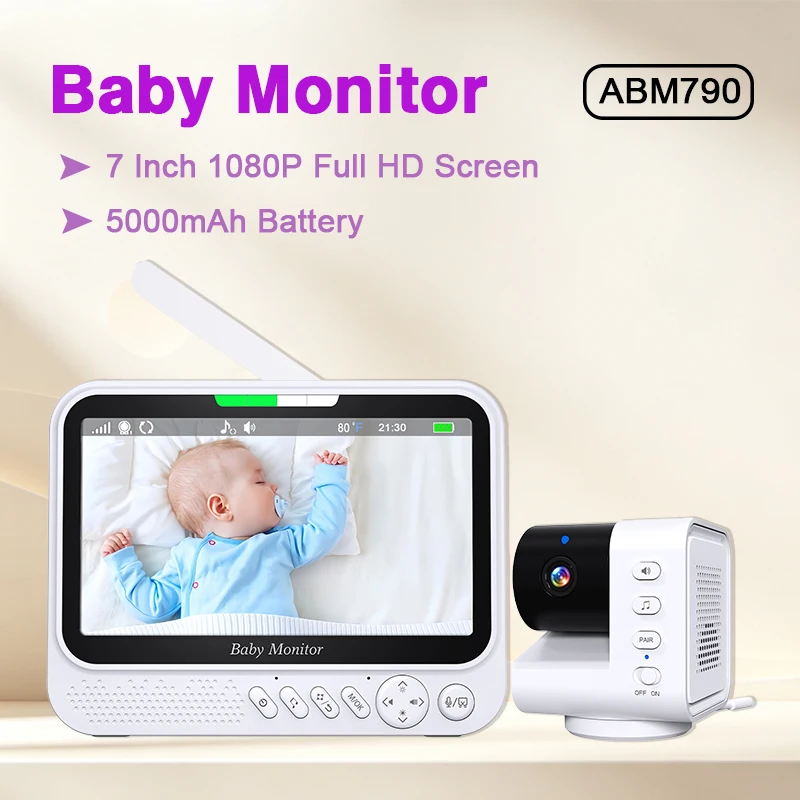 Baby Monitor 7 Inch HD Screen No WiFi /APP Private FHSS Transmission PTZ Night Vision VOX Cry Alert Temperature Monitor 5000mAh