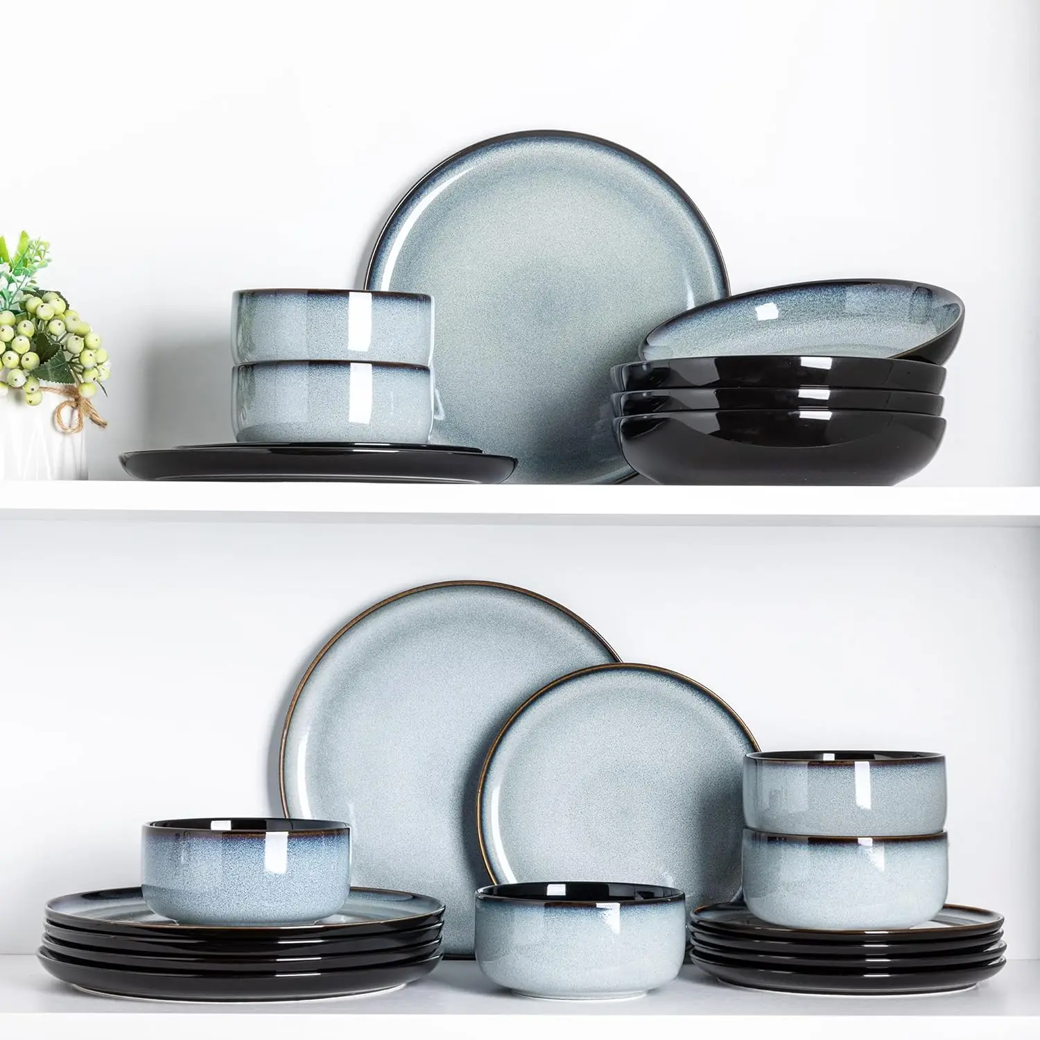 Set di stoviglie in ceramica per 6, set di piatti e ciotole in porcellana, set di piatti con smalto reattivo fatti a mano, resistenti alle chip e ai graffi