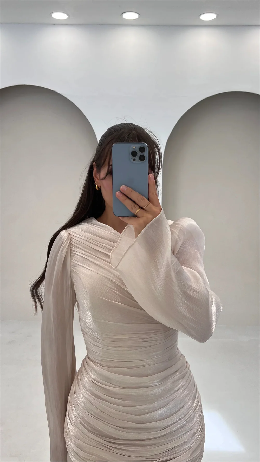 Avondjurken Vrouwen Elegante Lange Mouw A-lijn Tule Geplooide Galajurken Feestjurken Elegante Formele Celebrity Jurk Voor Vrouwen