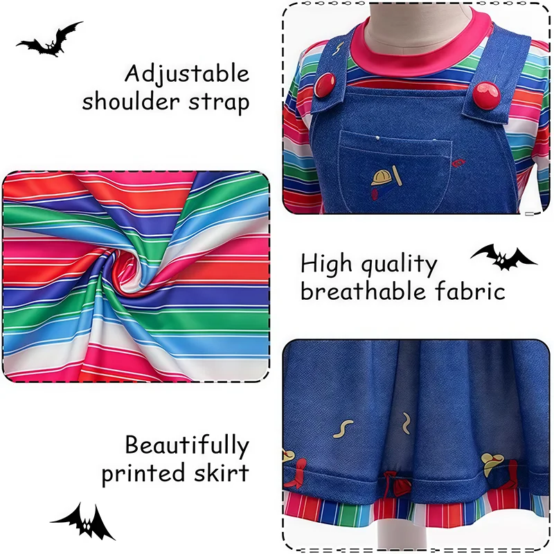 여자 할로윈 킬러 의상 어린이를위한 드레스와 무지개 줄무늬 셔츠 공포 Chucky 코스프레 테마 파티 카니발 복장