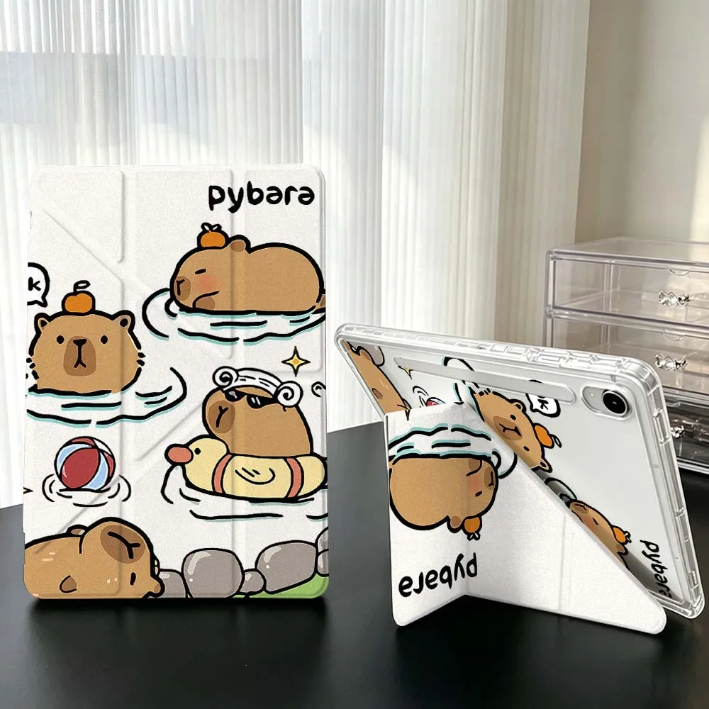 Cartoon Capybara For Samsung Galaxy Tab A9 A8 A11 S6 S7 S8 S9 S10 FE Plus Lite Transparent Y-Shaped Folding Tablet Case