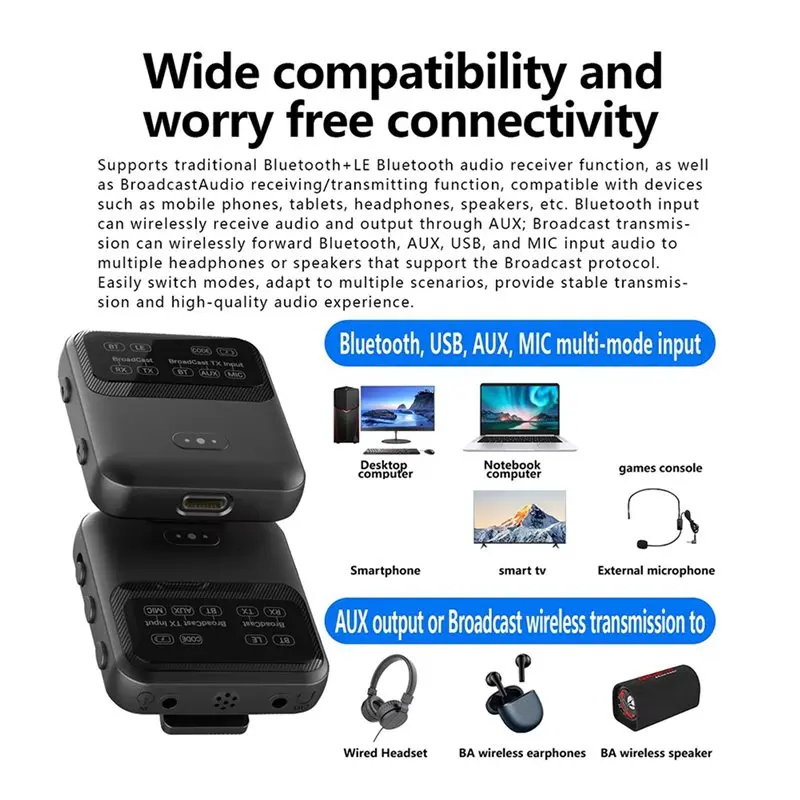A31T Bluetooth 5.4 Audio Receiver Transmitter, AptX-LL/HD/AD LC3, Auracast LE Audio Adapter, Wireless Stereo Music with Mic,