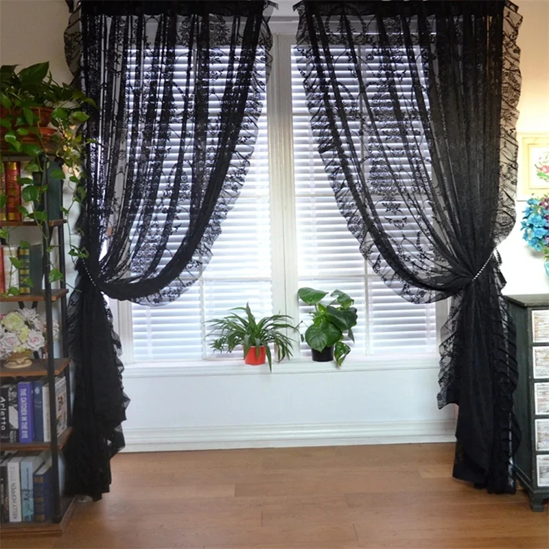 Romantic Vintage Black Floral Ruffle Lace Sheer Tulle Curtains For Bedroom Living Room Bay Window Mesh Voile Embroidery Drapes