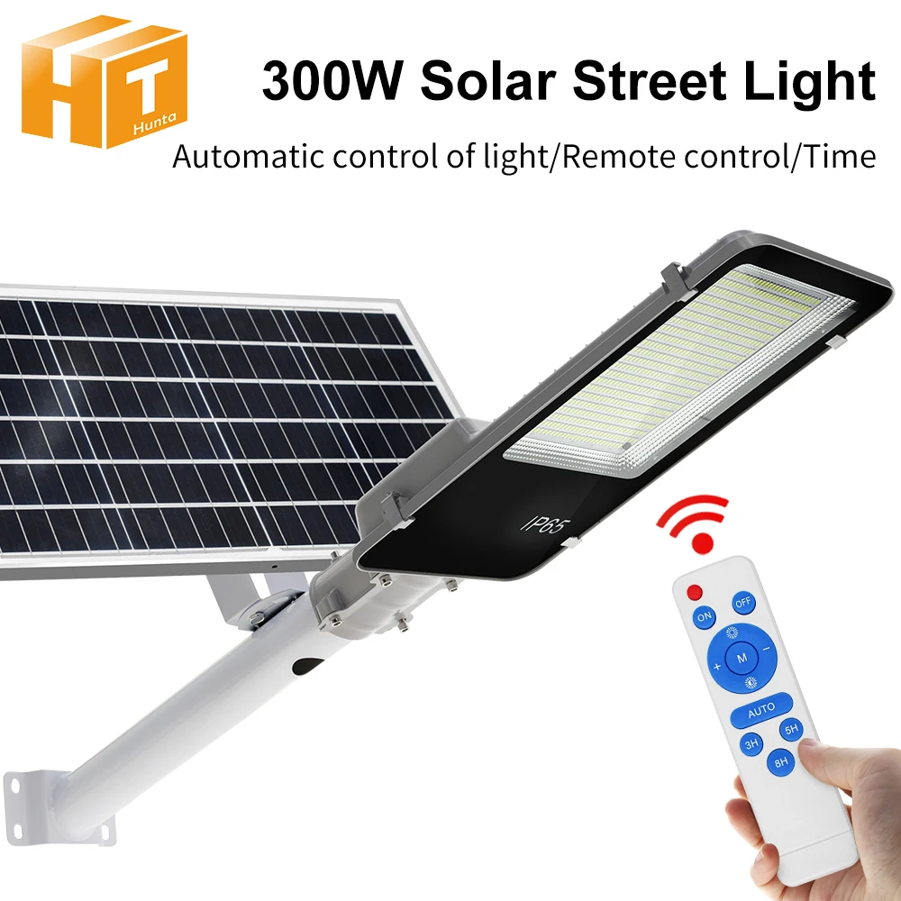 Lampe solaire de rue extérieure 300W, super lumineuse, panneau solaire haute efficacité avec télécommande, étanche IP67 pour les espaces publics