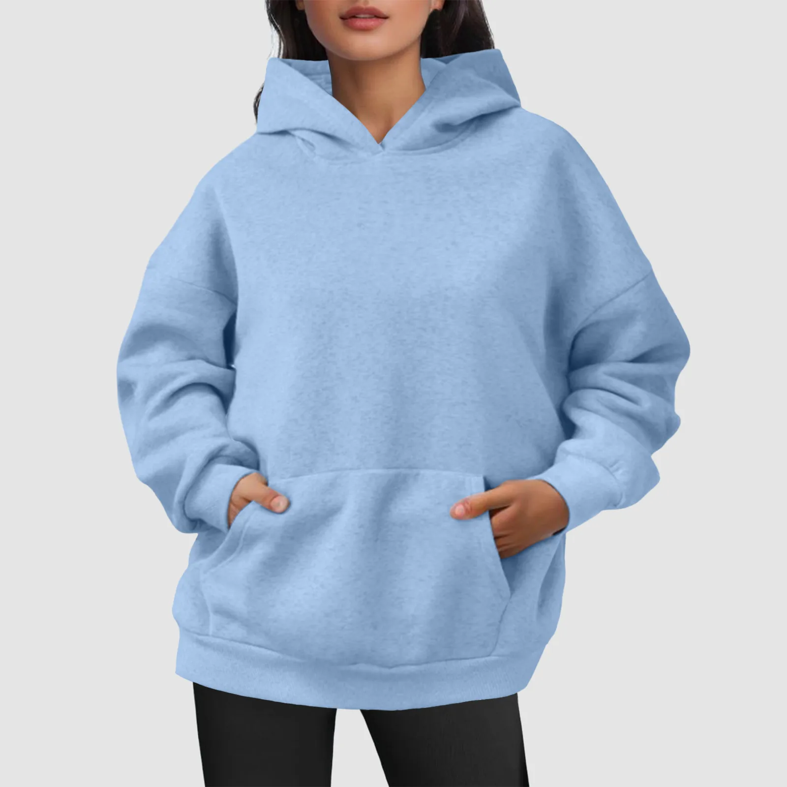 

2024 Women Jogger Sweatshirt Autumn Winter Casual Basic Solid Color Loose Hooded Pockets Plus Size Pullover Tops Hoodies