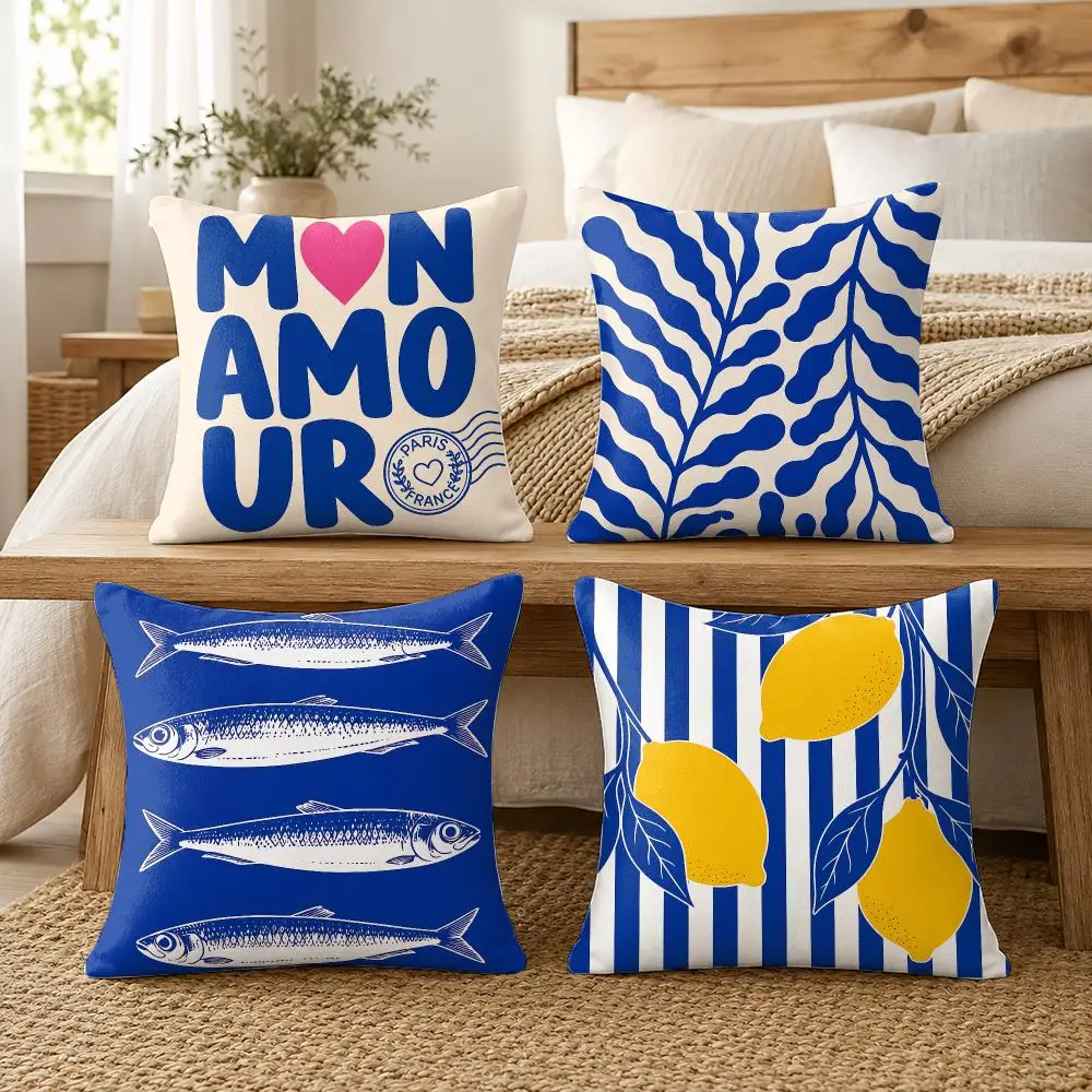 Cobalt Mediterranean Summer Cushion Cover Silky Short Plush Invisible Zipper Dustproof Sofa Pillow Case For Home Decor