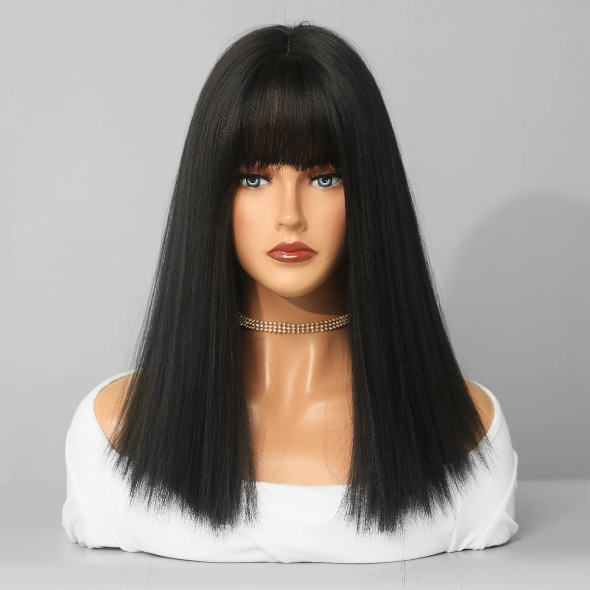 NAMM-pelucas negras largas y rectas para mujer, pelo sintético Natural con flequillo, resistente al calor, Cosplay, Lolita, Afro, negro
