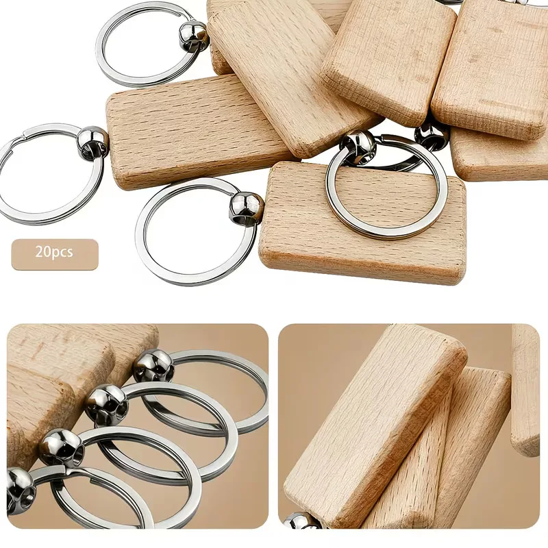 30-100Pcs Blank Natural Beech Wood Keychain Rectangle/Oval/Round/Heart Shape DIY Wooden Key Tags with Metal Ring