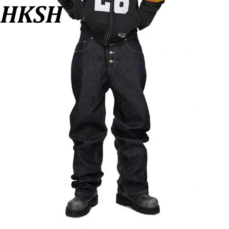 HKSH Spring Autumn New Men Tide Leather Patchwork Button Zipper Contrast Color Jeans High Street Fashion Ins Denim Pants HK18450