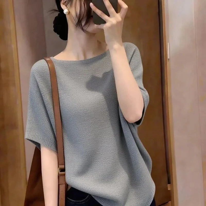 Loose Knitted Half Sleeve T-Shirt in Beige Color Beautiful And Slimming Korean Style Casual Wear for Ladies Summer New Arrivals