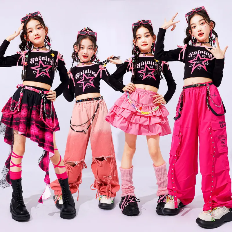 

Детские комплекты одежды в стиле хип-хоп: укороченные топы, многоярусные платья, костюмы для уличных танцев и джаза, милые наряды для девочек, брюки карго, детская уличная одежда.