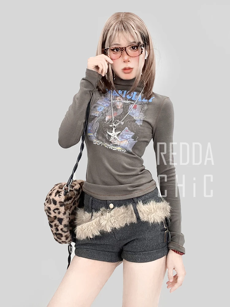 REDDACHiC Winter Tweed Low Waist Shorts for Women Retro Plush Belt Dual-loop Buckle Belt Slim Bootypants Acubi Fashion Bottoms