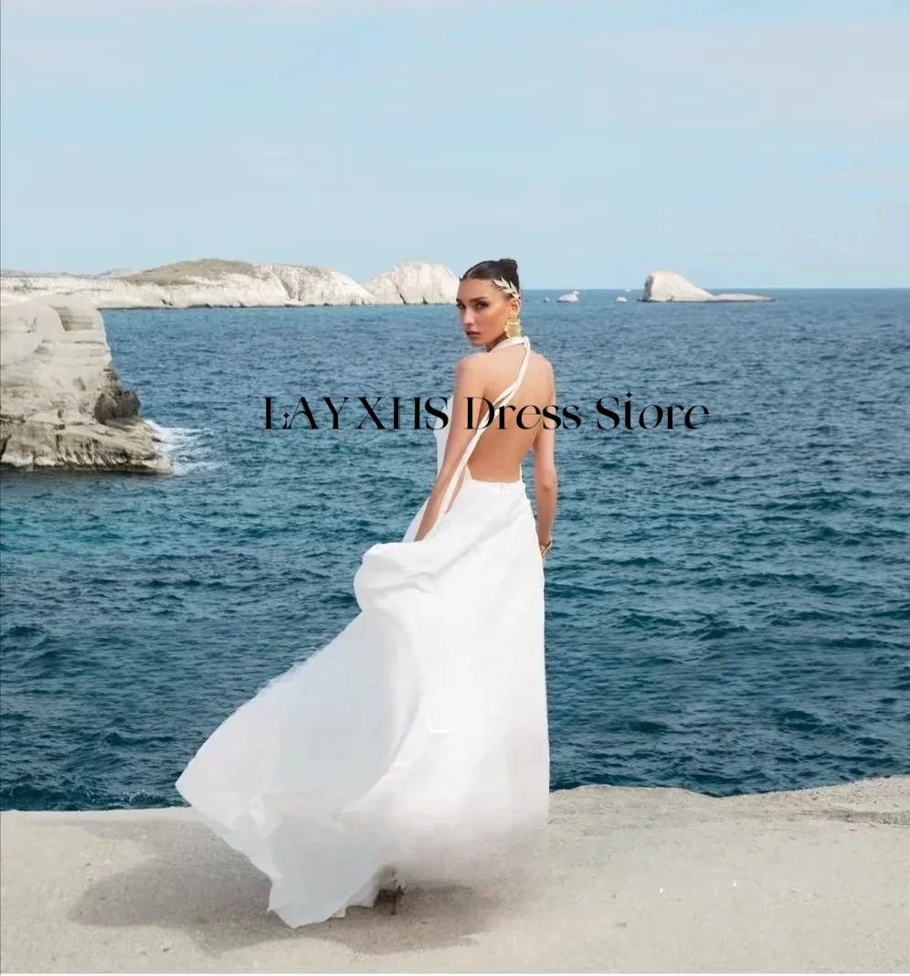 エレガントなホルターネックのウェディングドレス、Aラインのティアード、柔らかなサテンオーガンザ、背中開きのイブニングパーティードレス、Vネック、カスタムメイドのブライダルガウン2025