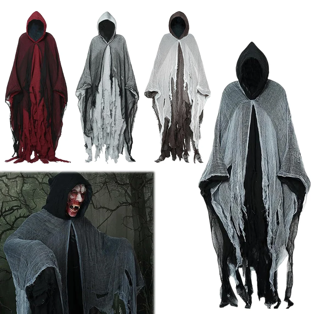 Halloween Ghost Costume Ghost Cape Outfit Ghost Cape with Hood Scary Adult Cloak Cosplay Hooded Robe for Unisex Cosplay Props