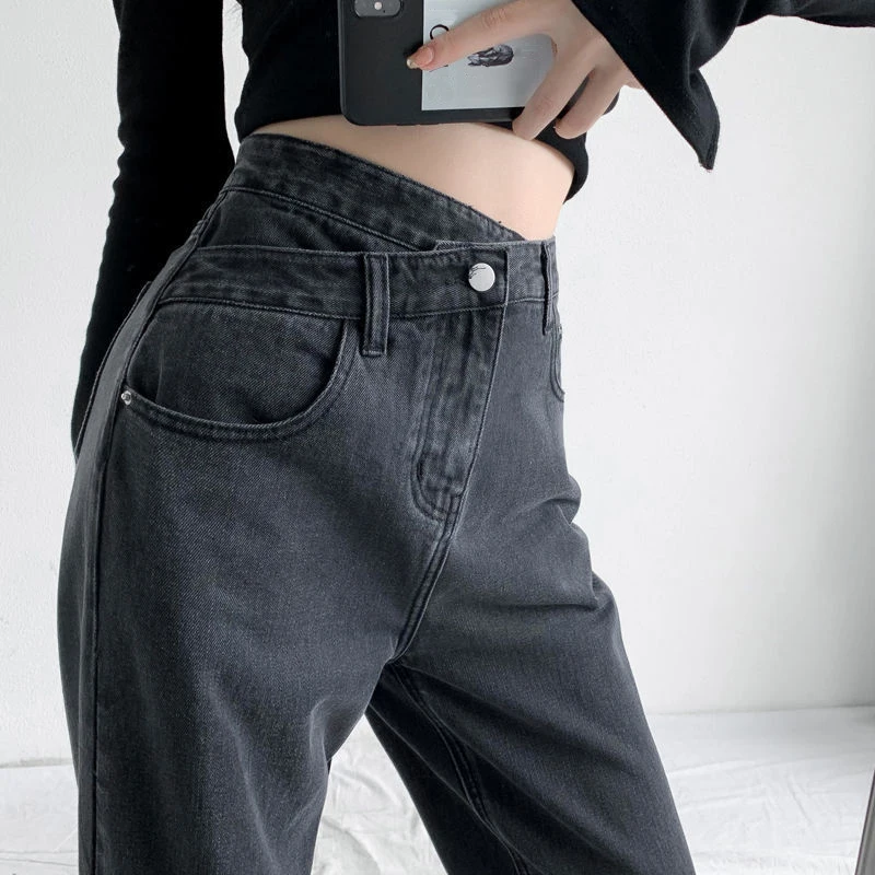 Women's Trendy Wide Leg Jeans Retro Crossbody High Waist Slimming Denim Straight Long Pants