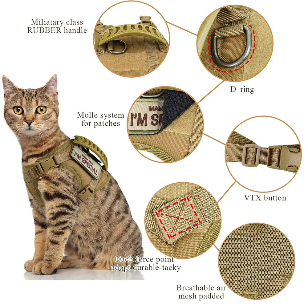 Tactical Cat Harness and Leash Adjustable Set Escape Proof Mesh Vest with Control Handle for Large Cats Kitten and Small Dogs