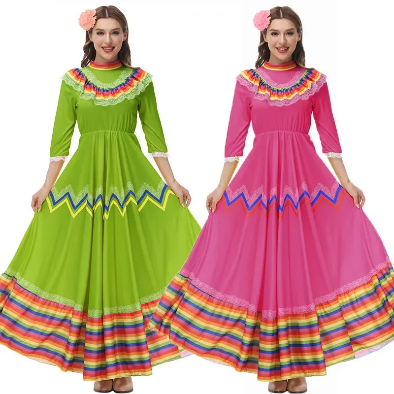 فستان راقص شعبي مكسيكي تقليدي للنساء للبالغين على طراز المكسيك الوطني وحفلات المهرجانات التنكرية فستان طويل بوهيميا