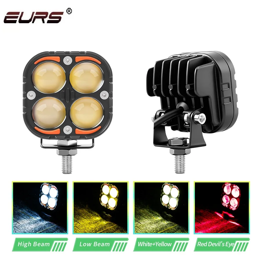 2PCS 4 Lens Motorcycle LED Red Devil's Eye Spotlight White Yellow Flashing Headlight Fog Light Aluminum Universal Driving Light