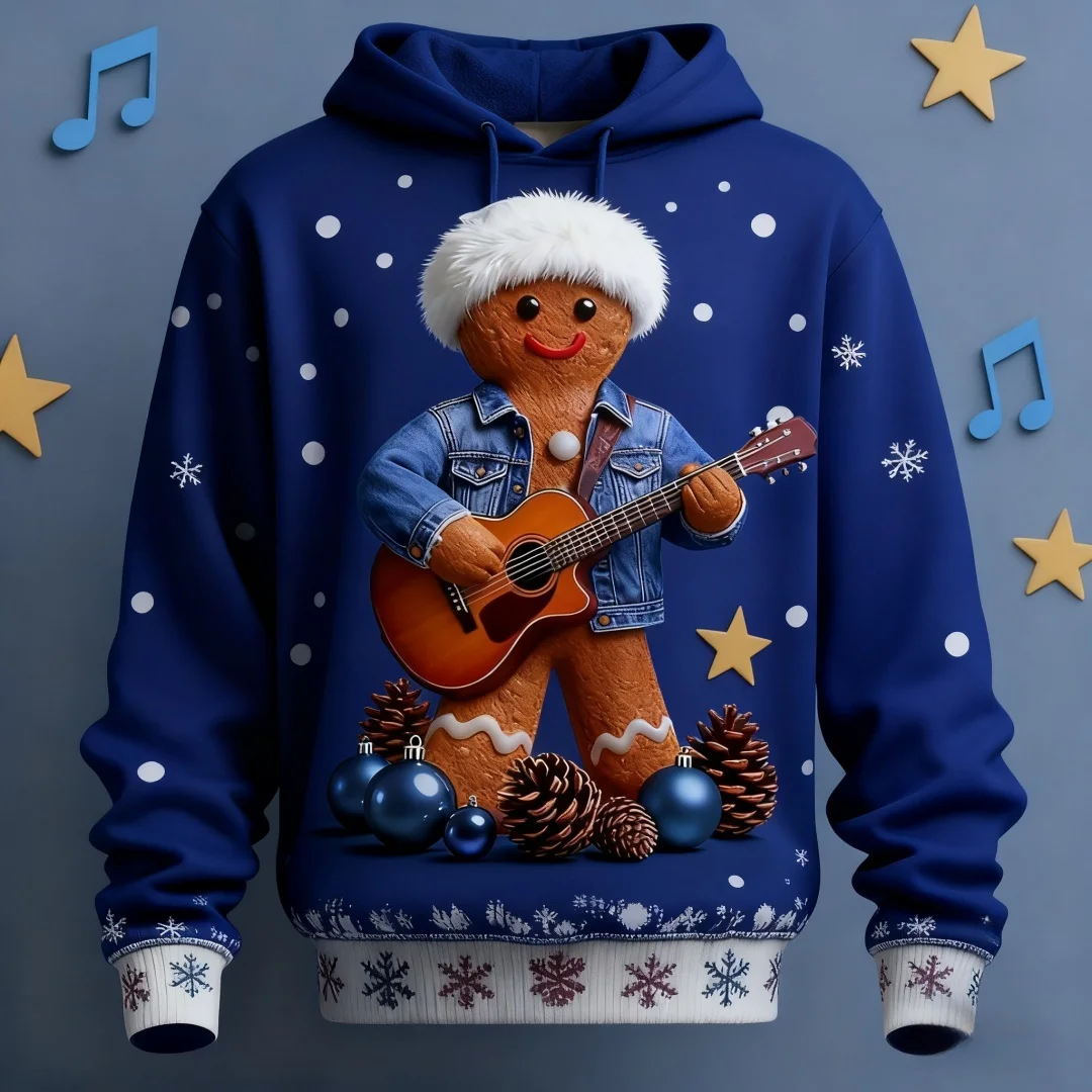 

Cute Gingerbread Pattern Hoodie For Men Santa Claus 3D Printed Long Sleeve Autumn Winter Casual Loose Sweatshirts Pullover Tops