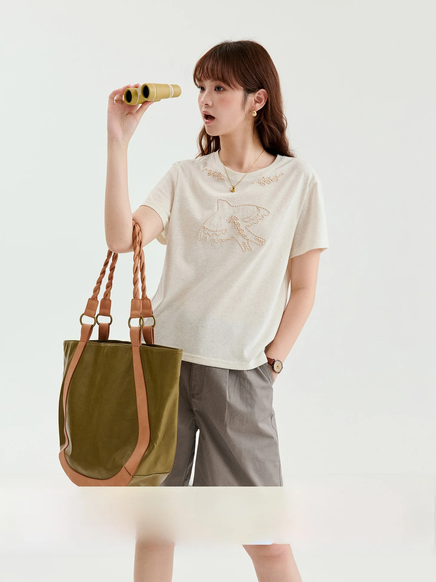 Original AMUU Rope Embroidery Swallow Loose Short Sleeve T-Shirt Women's Summer New Style Cotton Polyester Lyocell Blend roun...