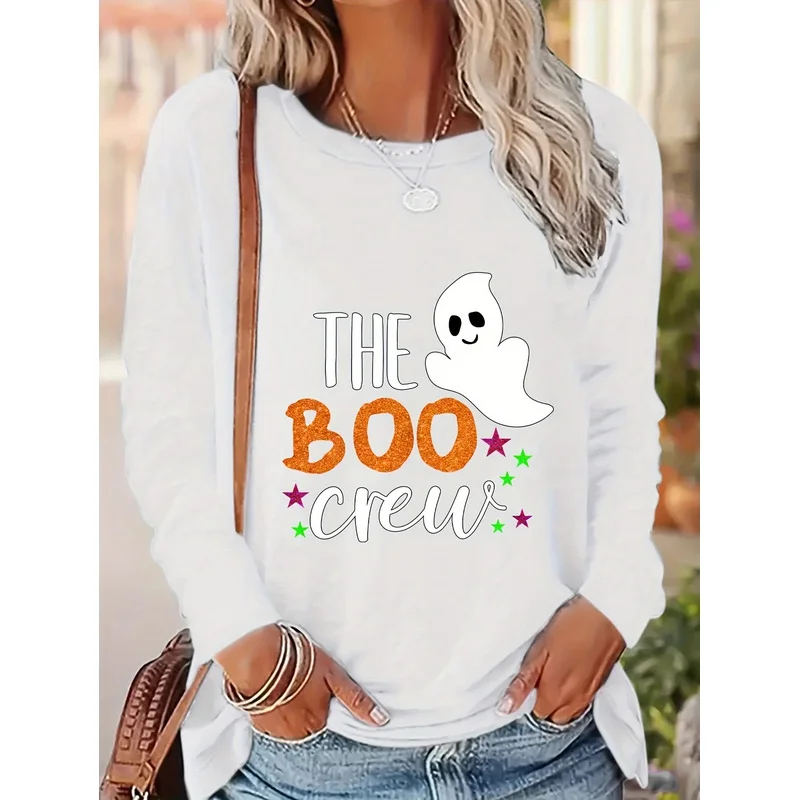 Women Long Sleeve T-shirt The Boo Crew Cute Ghost Star Print Halloween Crew Neck Tee