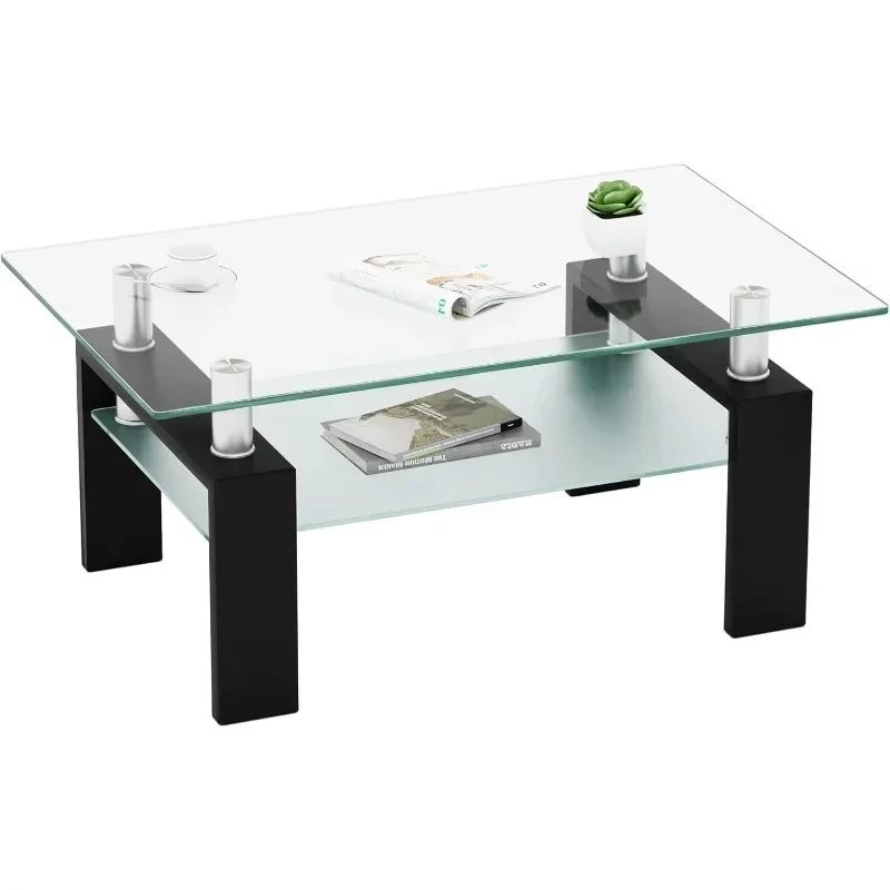 Coffee Table with Metal Tube Legs, Glass and Rectangle End Table for Livingroom (Black)