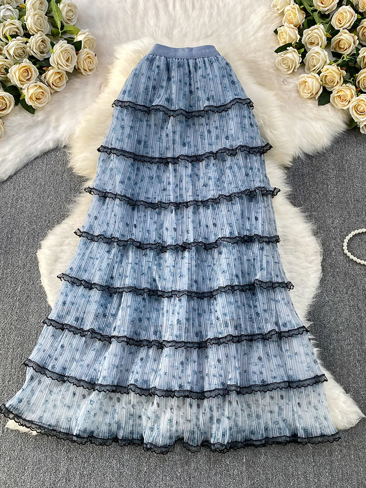Women Summer Super Fairy Skirt Mesh Cake High Waisted Lace Patchwork Lotus Leaf Edge Skirt Female Faldas SK111