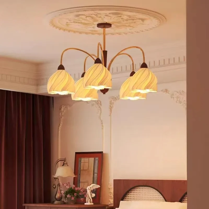 French Cream Style Skirt Pendant Lights Multi Heads Puff Shade Chandelier Living Room Main Light Fixture Study Retro Home Decor