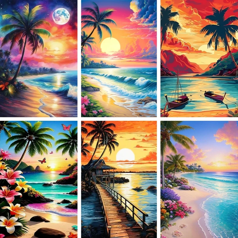 

5d Diy Diamond Painting Seaside Coconut Tree Landscape Embroidery Mosaic Tropical Beach Sunset Scenery Full Drill Home Decor