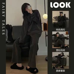 Two Sets Of Autumn And Winter New Solid-Coloured Women's Pajamas Round Neck Casual Homewear Suit Large Size Loose Homewear