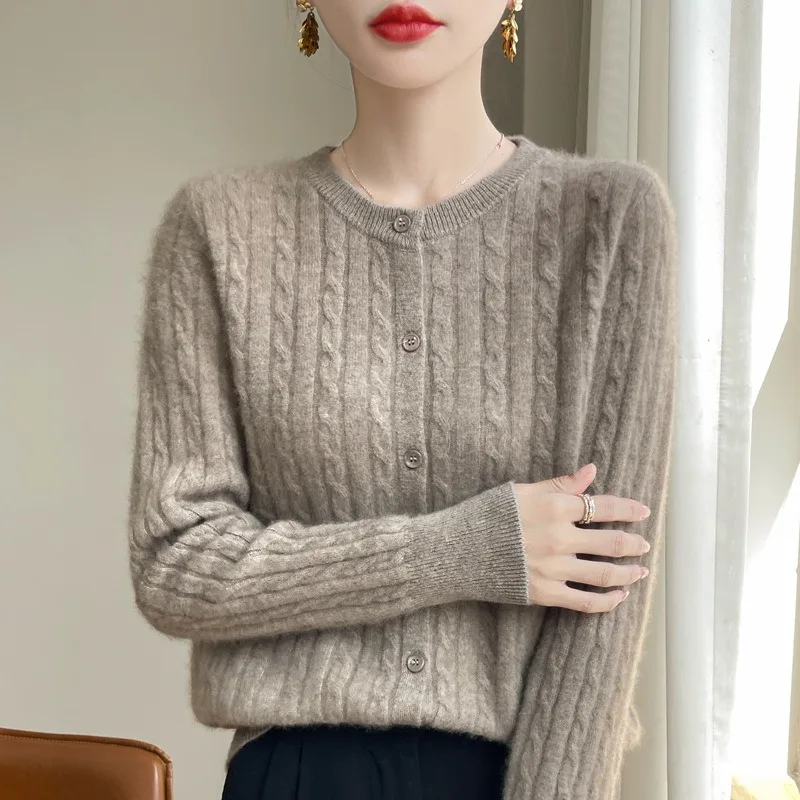 

Women Knit Cardigan Autumn Winter Korean Fashion O Neck Sweater Jumper Solid Cable Warm Long Sleeve Spring Female Clothing