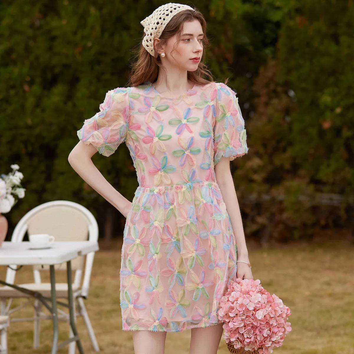 Women's Floral Summer Dress - Puff Sleeves and Bow Tie