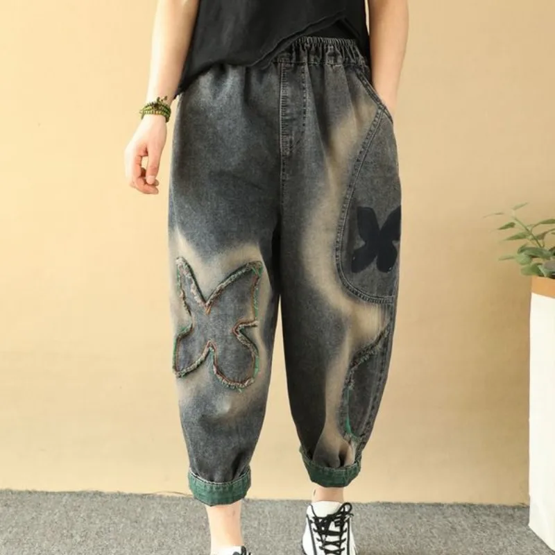 2024 Summer New Retro Ethnic Style Printed Distressed Tassel Women\'s Loose Large Size Pockets Spliced Curled Harlan Denim Pants