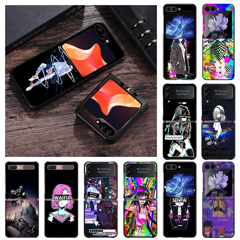 Matte Phone Case For Samsung Galaxy Z Flip6 5G Flip5 Flip4 Flip3 ZFlip 6 3 4 5 Anime Vaporwave Glitch Art Hard Black Cover