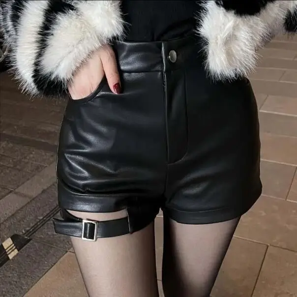 

Short Leather Pants Female Autumn Joker Solid Color Sexy Slim Design High Sense Straight Pants