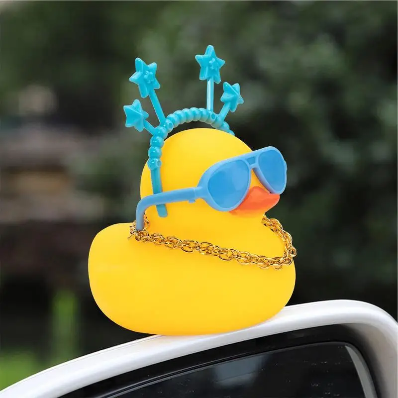 Car Duck Squeak Rubber Ducks Car Ornaments Car Dashboard Duck Decoration with Headband Swim Ring Necklace Sunglasses for Car