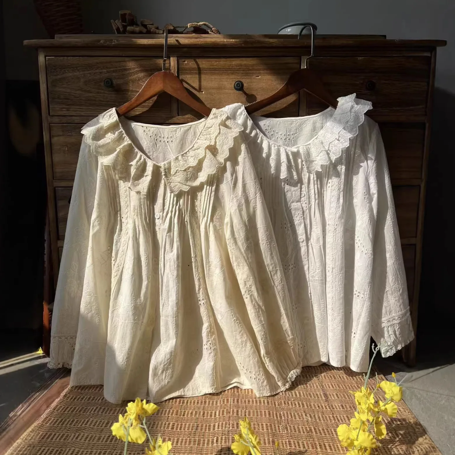 

Mori kei clothing Japanese style pure cotton lace embroidered white beige shirts long sleeve blouses princess lolita clothi