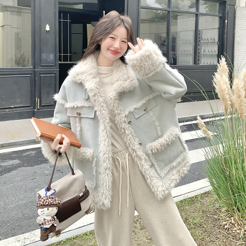 フェイクファーコート ライトブルー パッチワーク ラムウール 冬用ファー ジャケット フリース裏地付き レディース服 厚手 レザーファー ジャケット