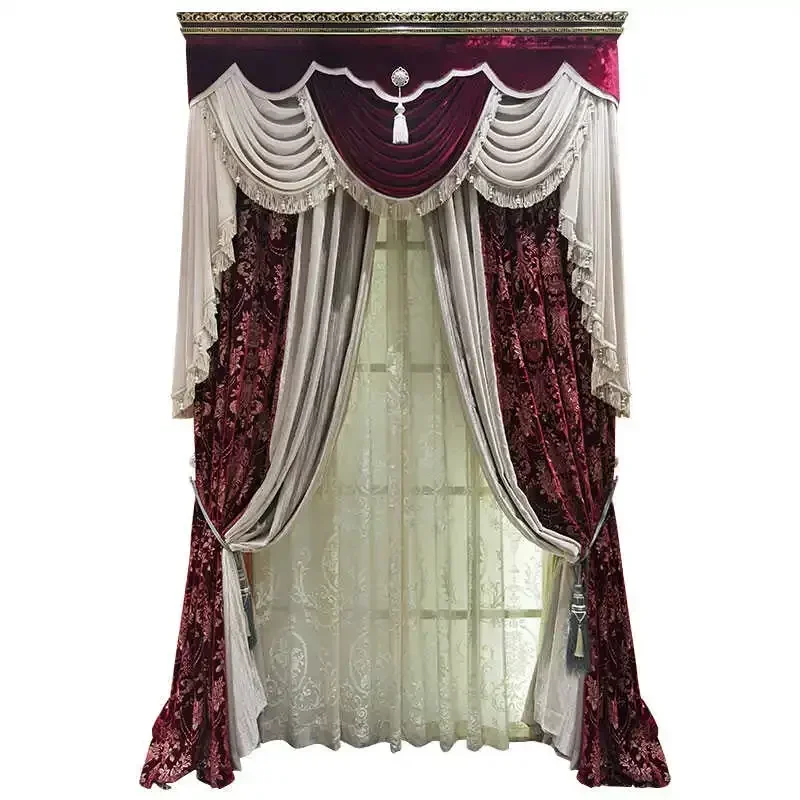 

The New Wine Red Silk Velvet Embroidered Floral Curtains Splicing Thickened Curtains For Living Room Bedroom Balcony Floating