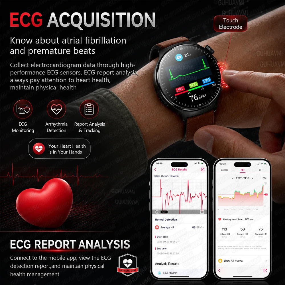 2026년형 새로운 마이크로 신체검사 건강 스마트워치 남성용 ECG 요산 지질 혈압 BT 통화 스마트워치 (안드로이드, iOS 호환)