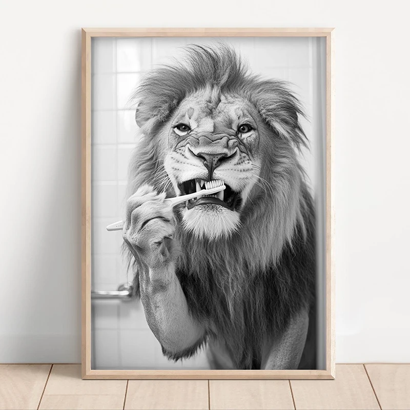 Black White Funny Bathroom Brushing Teeth Poster Vintage Style Animal Canvas Painting Print Wall Art Picture for Home Decoration