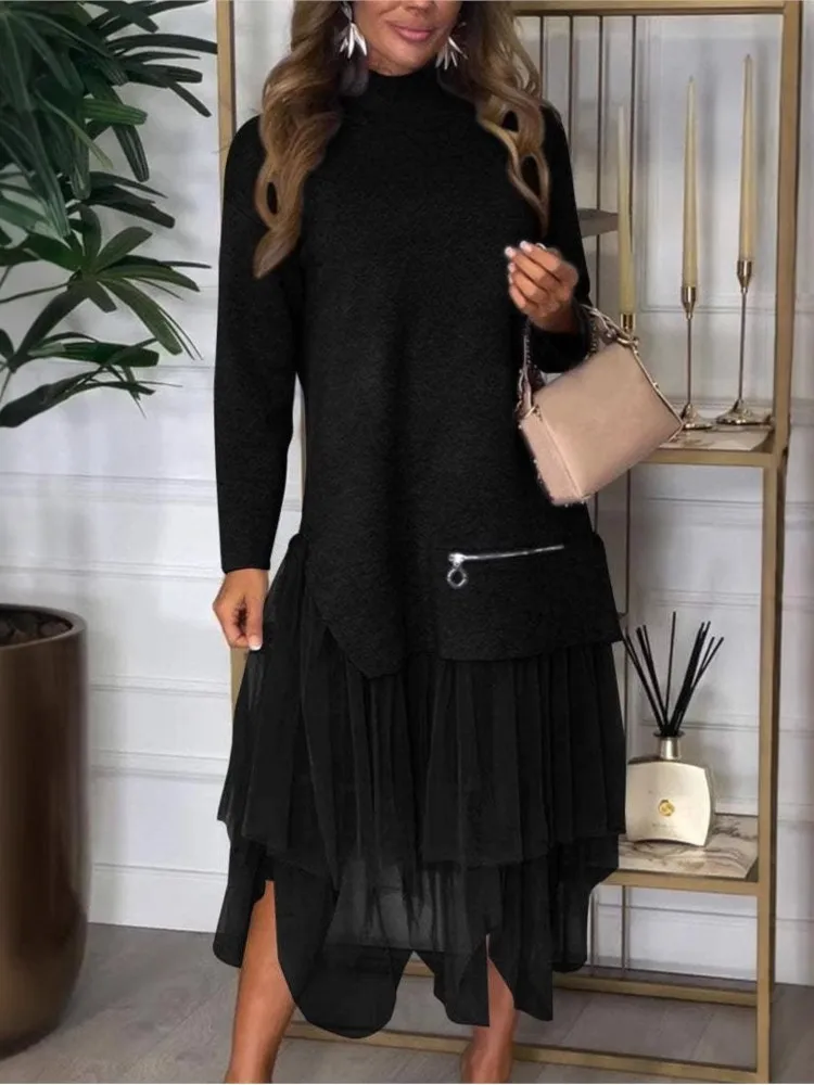 Elegant Long-sleeved Half Turtleneck Top + Skirt 2-piece Set For Women Mesh Skirt Solid Color Loose Asymmetric Skirt Suit Female