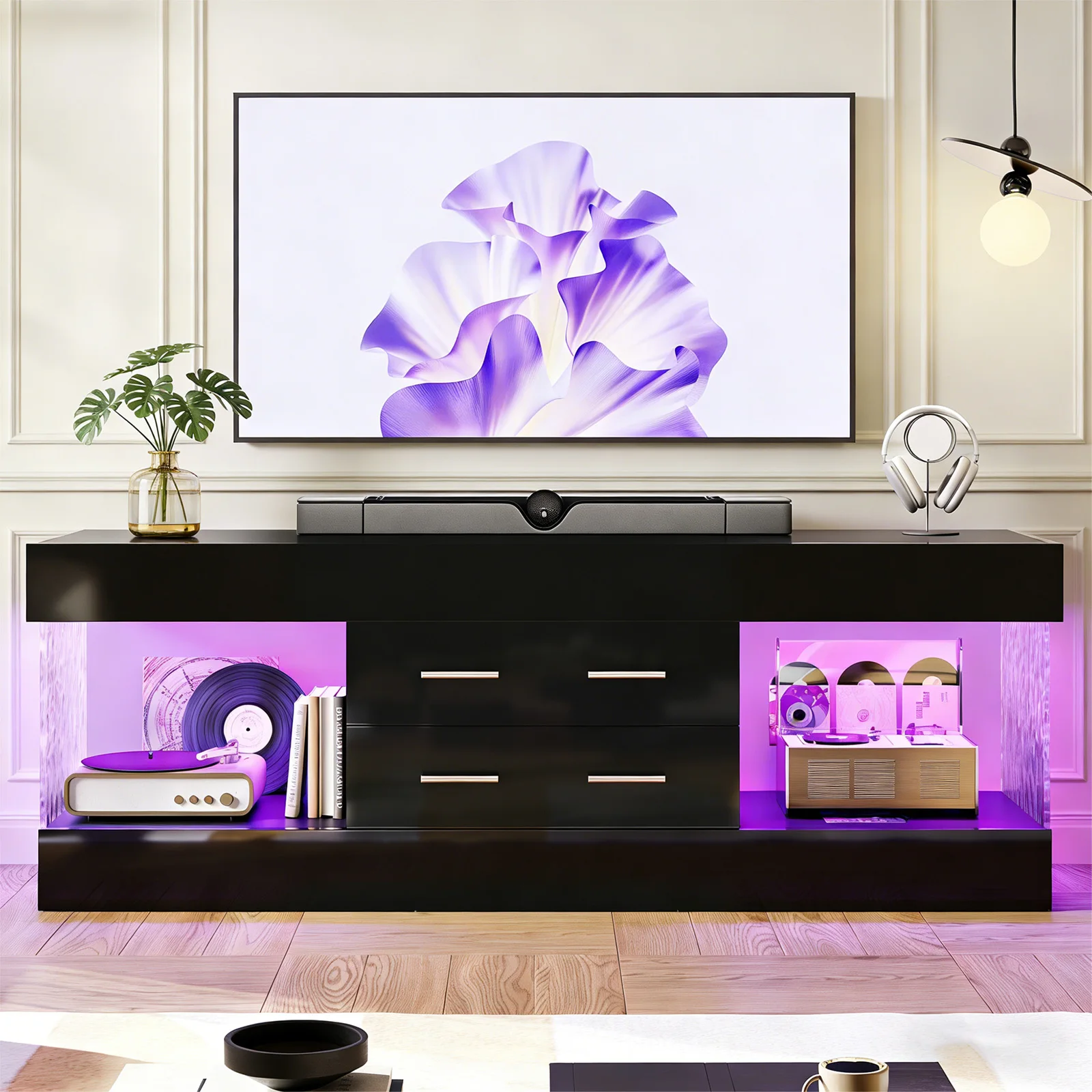 NOST&HOST Mueble de TV Moderno de 60 Pulgadas para Televisores de 65/60/55+, Centro de Entretenimiento Negro Brillante con 2 Cajones y Luces LED para Sala de Estar
